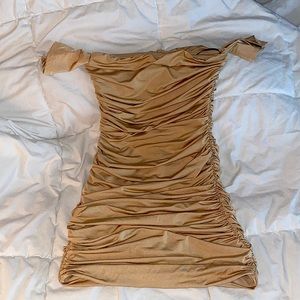 Beige mini off the shoulder dress